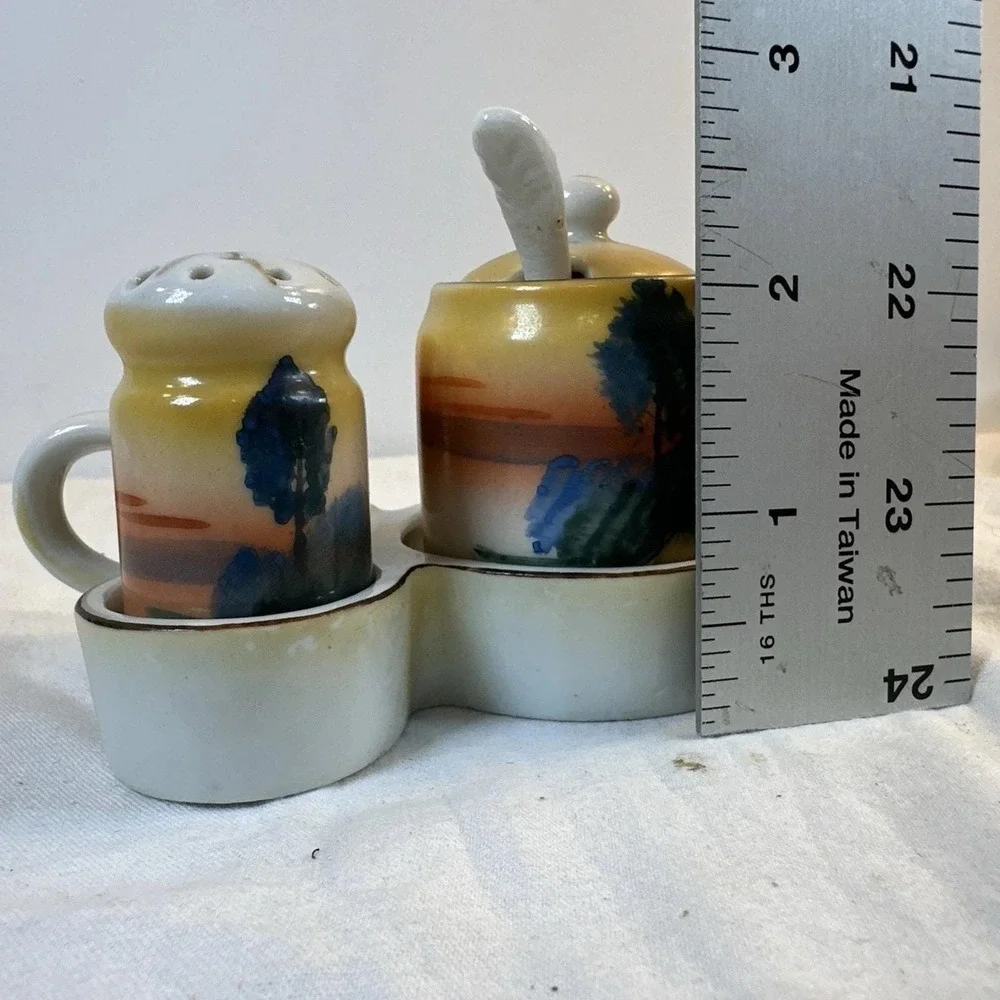 Vintage Japanese Lusterware Condiment Set: Salt Pepper Mustard Pot Spoon Tray
